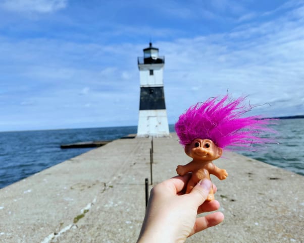 Oswald at North Pier Light in Erie, PA, USA