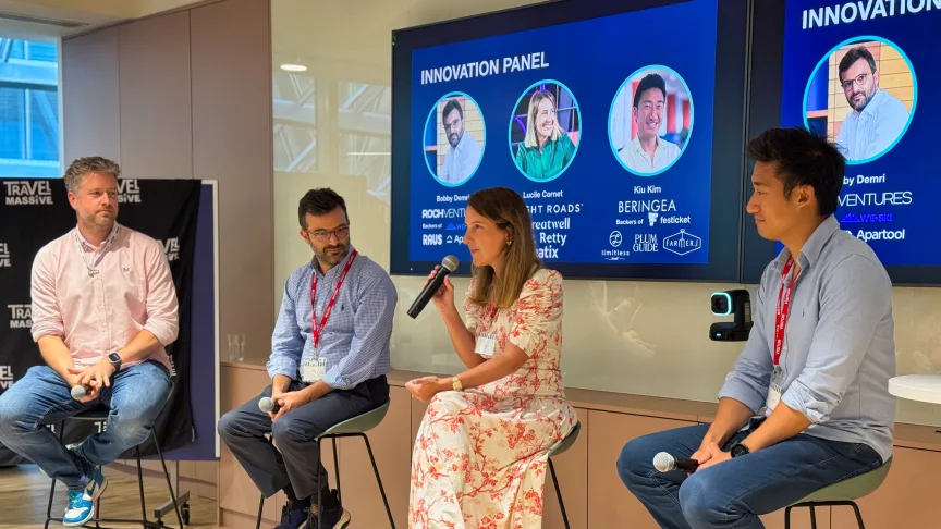 James Lemon (Stripe) leading a panel discussion with Bobby Demri (Roch Ventures), Lucille Cornet (Eight Roads), and Kiu Kim (Beringea).