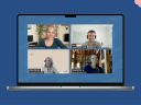 A graphic of a macbook laptop on a blue background, on the screen is four people on a Travel Massive webinar.