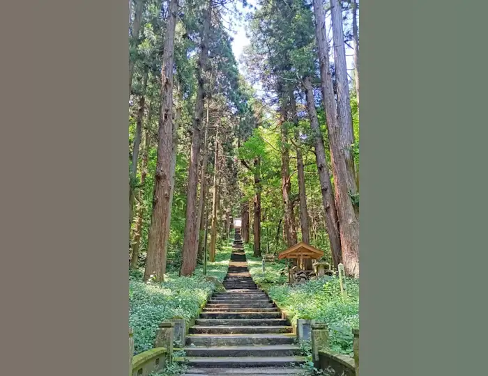 Stairs lead up to between lush green trees to Haishiwa Shrine (配志和神社), Ichinoseki, Iwate