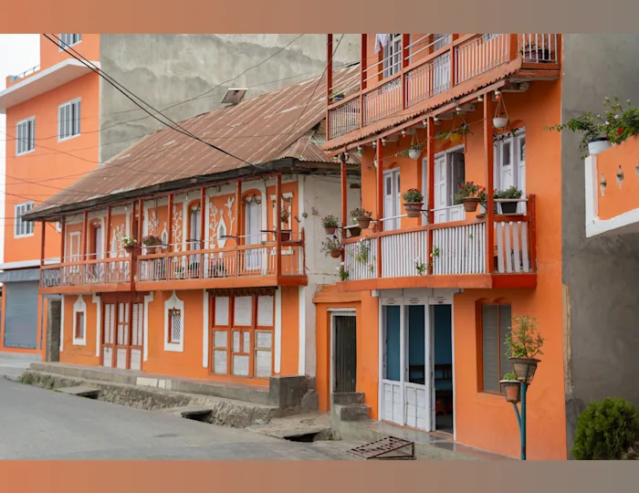 This is a photo of a street in Dhankuta's Orange Town where all the buildings are painted orange.