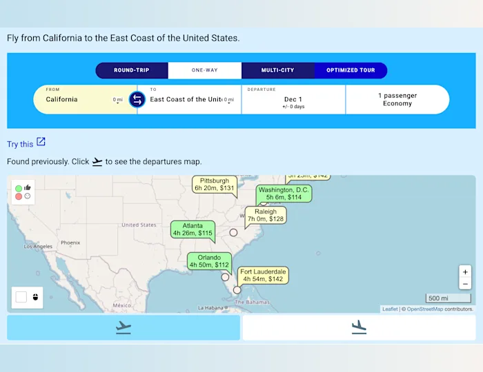 PanFlights example: Fly from California to the East Coast of the United States