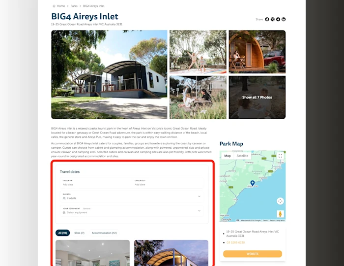 Screenshot of the BIG4 Aireys Inlet listing on the Caravan & Residential Parks Victoria website, with the Total Parks booking form for dates and guests highlighted in a red box.