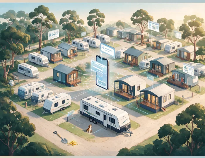 Illustrated aerial view of a holiday park among gum trees, with rows of caravans and cabins linked by glowing lines to a large smartphone showing chat bubbles and to floating website windows. In the foreground, a dog sits beside a long caravan near a shovel and a small pile of gold nuggets.