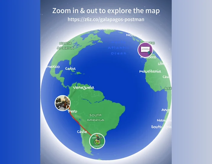 A screenshot of a 3D world map with South America visible and showing a route from Chile to Peru.