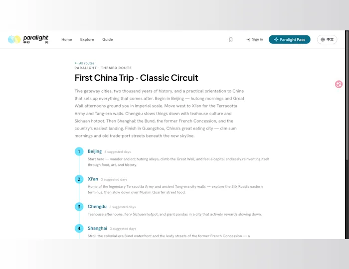 Paralight First China Route page with a practical itinerary for first-time visitors.