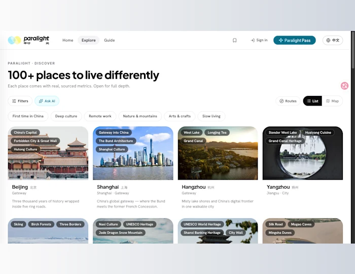 Paralight Explore page for comparing China destinations by travel style and practical fit.