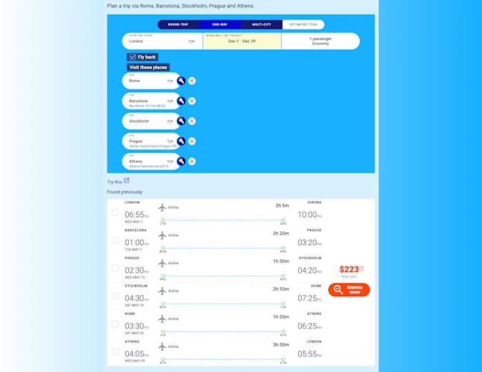 PanFlights example: Plan a trip via Rome, Barcelona, Stockholm, Prague and Athens.