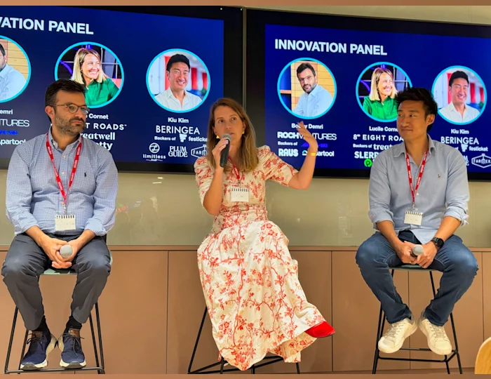 Three expert panelists (Bobby Demri, Lucille Cornet and Kiu Kim) sitting on stools having a discussion