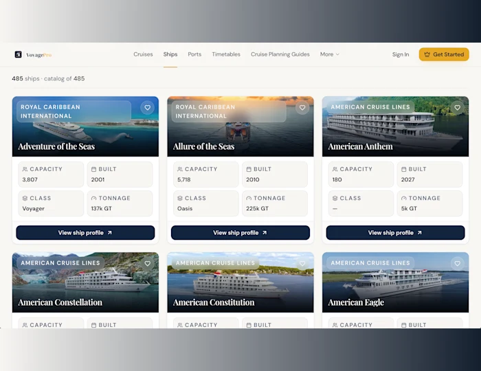 VoyagePro website showing comparison of ships across cruise lines before picking a sailing
