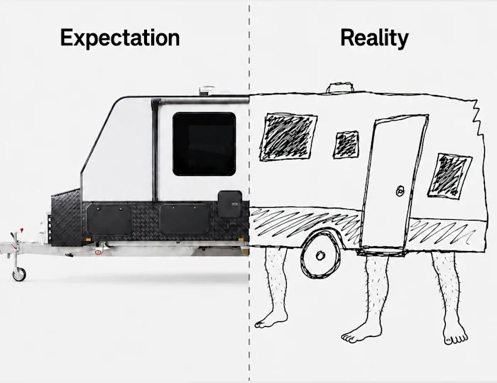 Split image labelled "Expectation" and "Reality": on the left a photo of a modern off-road caravan, on the right a rough sketch of a caravan with human legs underneath.