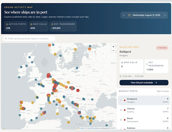 VoyagePro interactive world map showing busy cruise ports, ship calls, and estimated passenger counts.
