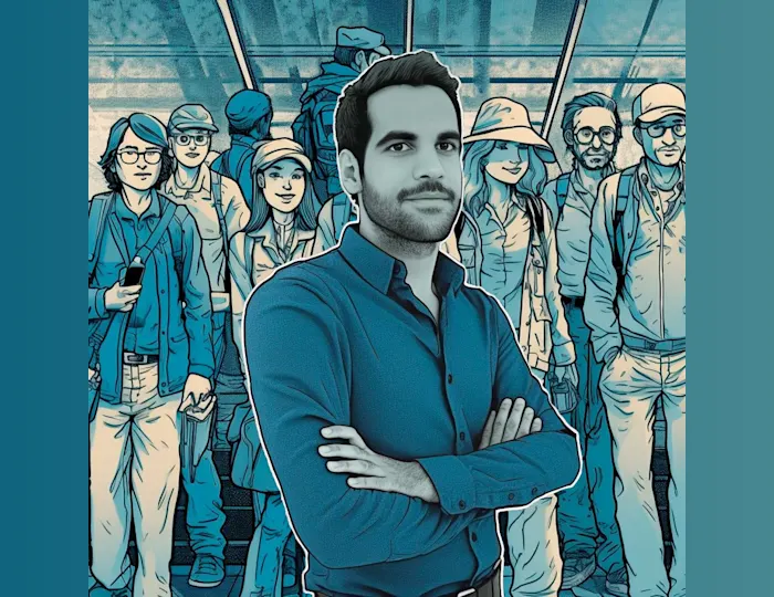 An AI generated stylised illustration of Idan Dahan in a blue hue. He has short dark hair and is wearing a business shirt and looking confidently into the camera.