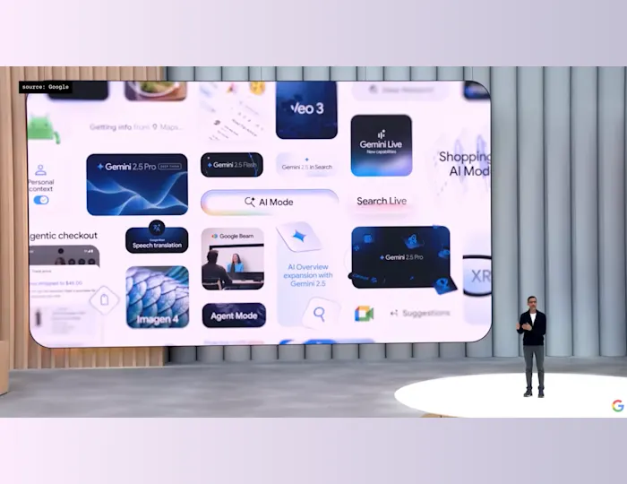 Sundar Pichai (CEO of Google) presenting on stage at Google I/O