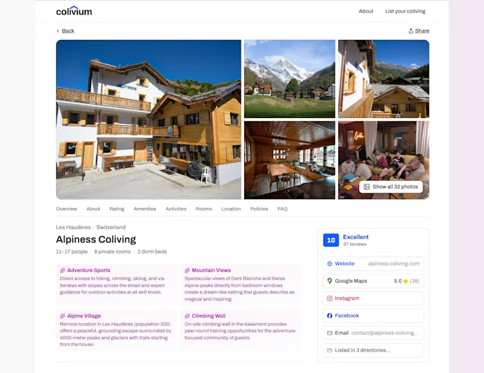 Coliving page: header & summary