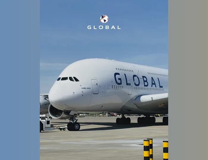 An Airbus A380 on the tarmac with the livery GLOBAL written in large letters on the side of the aircraft
