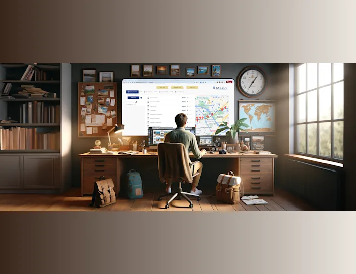 An AI generated image of a man sitting at a desk in a home office with a giant monitor. On the monitor is a tour development software (Maslol) which which includes a map of location of the tour he is developing.