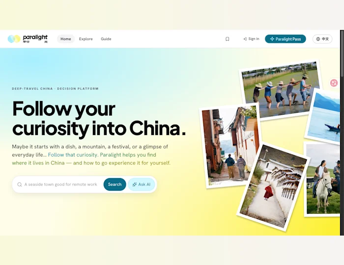 Paralight homepage showing an English-first China travel planning experience.