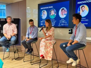 James Lemon (Stripe) leading a panel discussion with Bobby Demri (Roch Ventures), Lucille Cornet (Eight Roads), and Kiu Kim (Beringea).