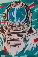 A stencil of an astronaut helmet with blue decorative background