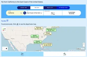 PanFlights example: Fly from California to the East Coast of the United States