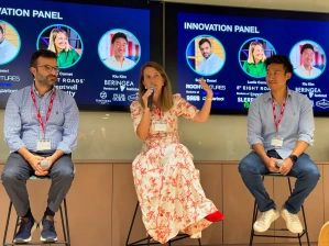 Three expert panelists (Bobby Demri, Lucille Cornet and Kiu Kim) sitting on stools having a discussion