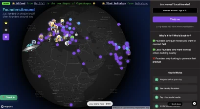 A 3D map of the world with purple dots showing the location of other members on the map. Most are located in Europe.