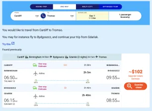 PanFlights example: You would like to travel from Cardiff to Tromso. You may for instance fly to Bydgoszcz, and continue your trip from Gdańsk.