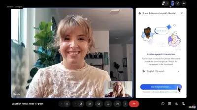 A woman on Google Meet using the new language translation