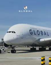 An Airbus A380 on the tarmac with the livery GLOBAL written in large letters on the side of the aircraft