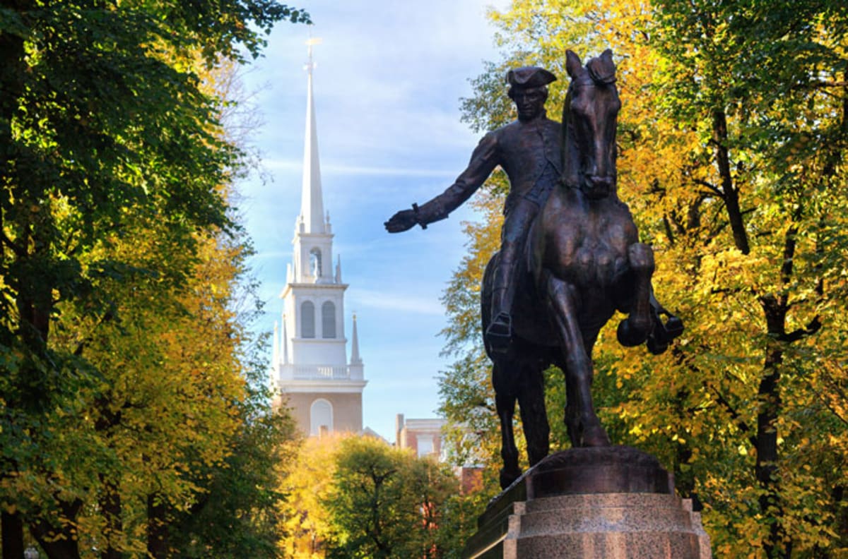 Paul Revere statue with Old North Church in background.