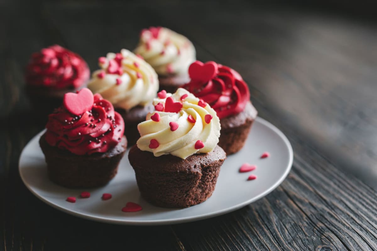 White plate with white and red Valentine's Day cupcakes.