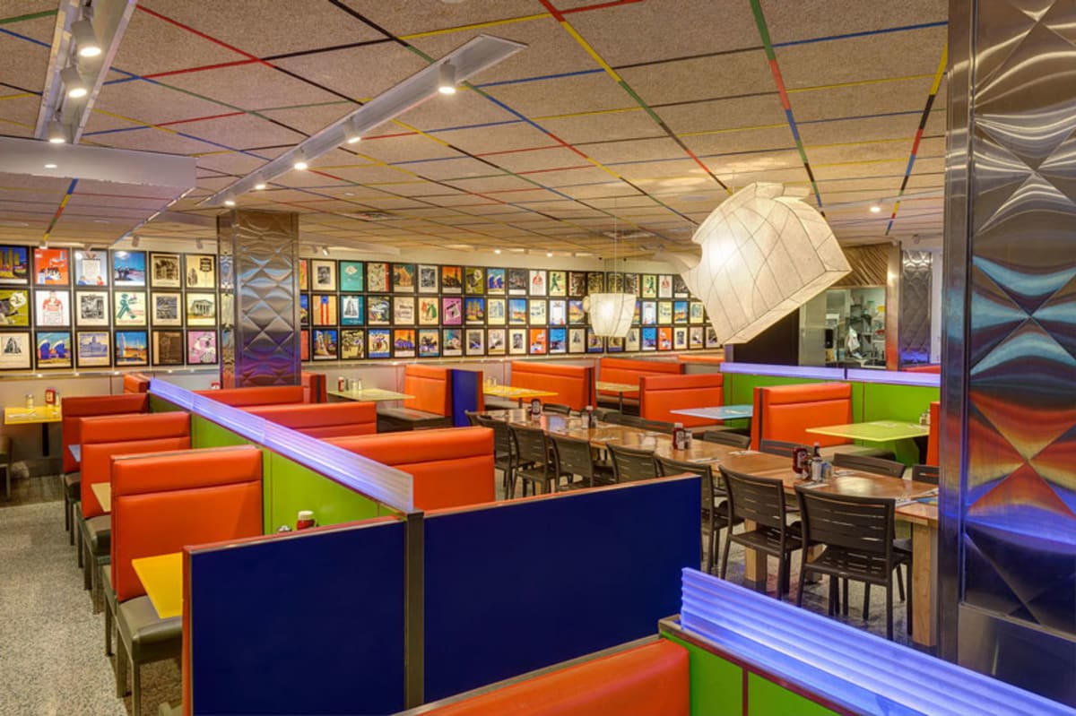 Colorful interior of Tick Tock Diner in New York.