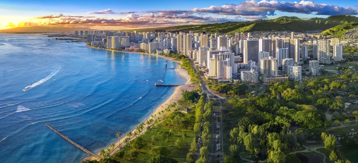 Aerial view of Waikiki facing West