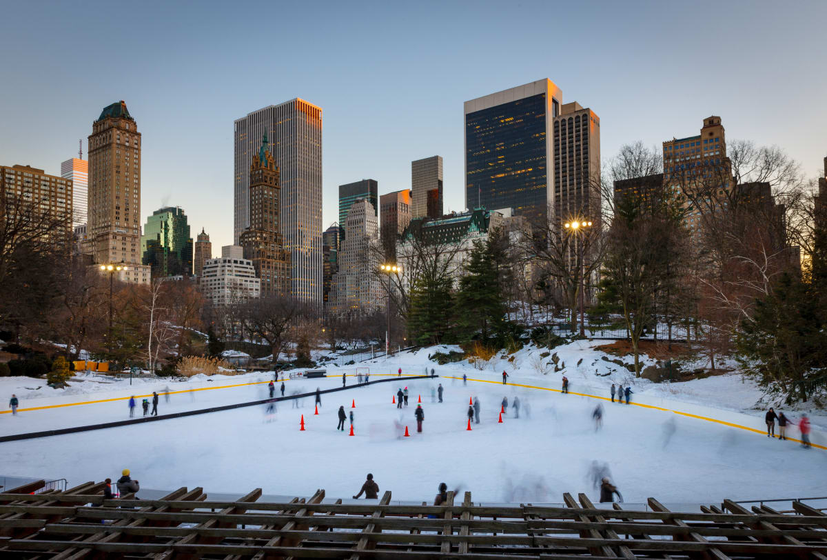 Ice skating in central park, surrounded by snow and the end fall leaves. NYC skyline in background. 