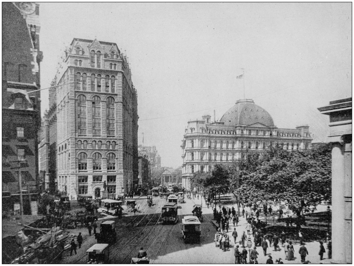 Old black and white painting or photo of New York with buildings in the background