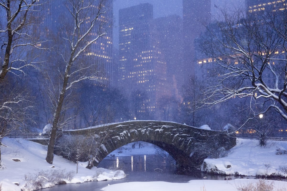 Bridge in central park, covered in snow with snow falling and skyscrapers visible in the darkness