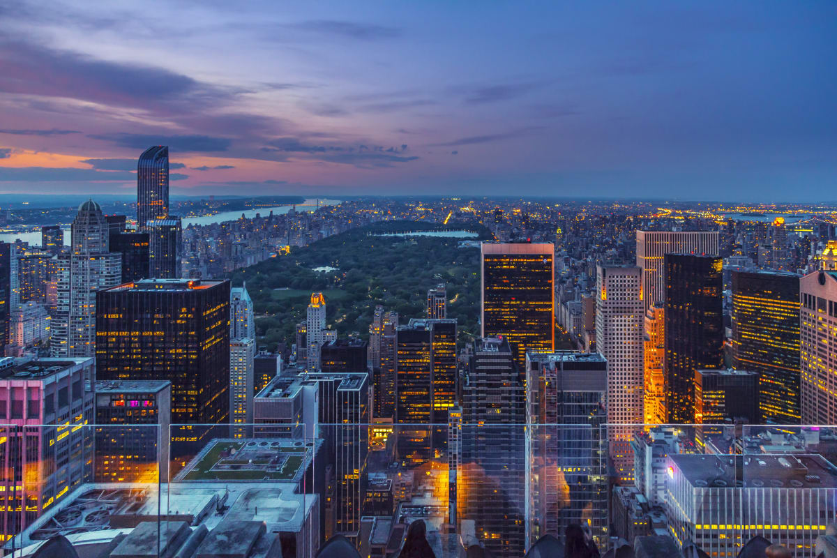 View of New York and Central Park from balcony after dark 