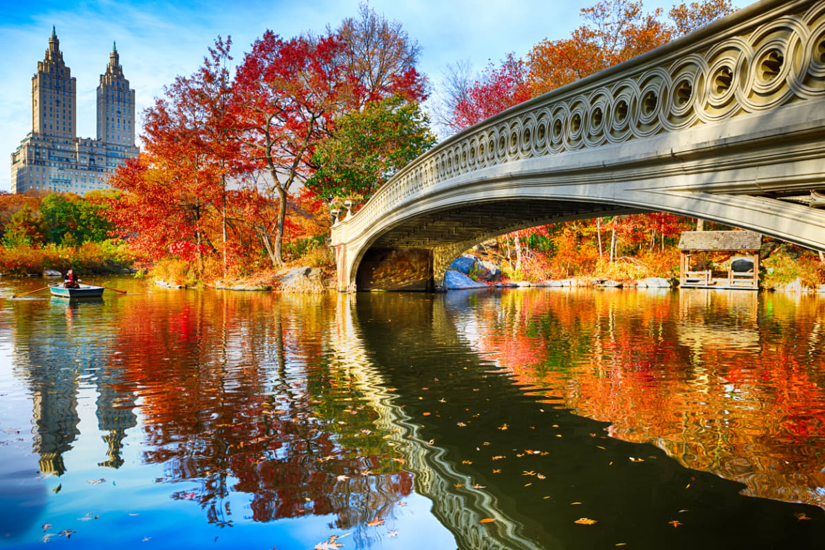 Central Park bridge over water with skyline in the background and fall colored trees reflected in the water