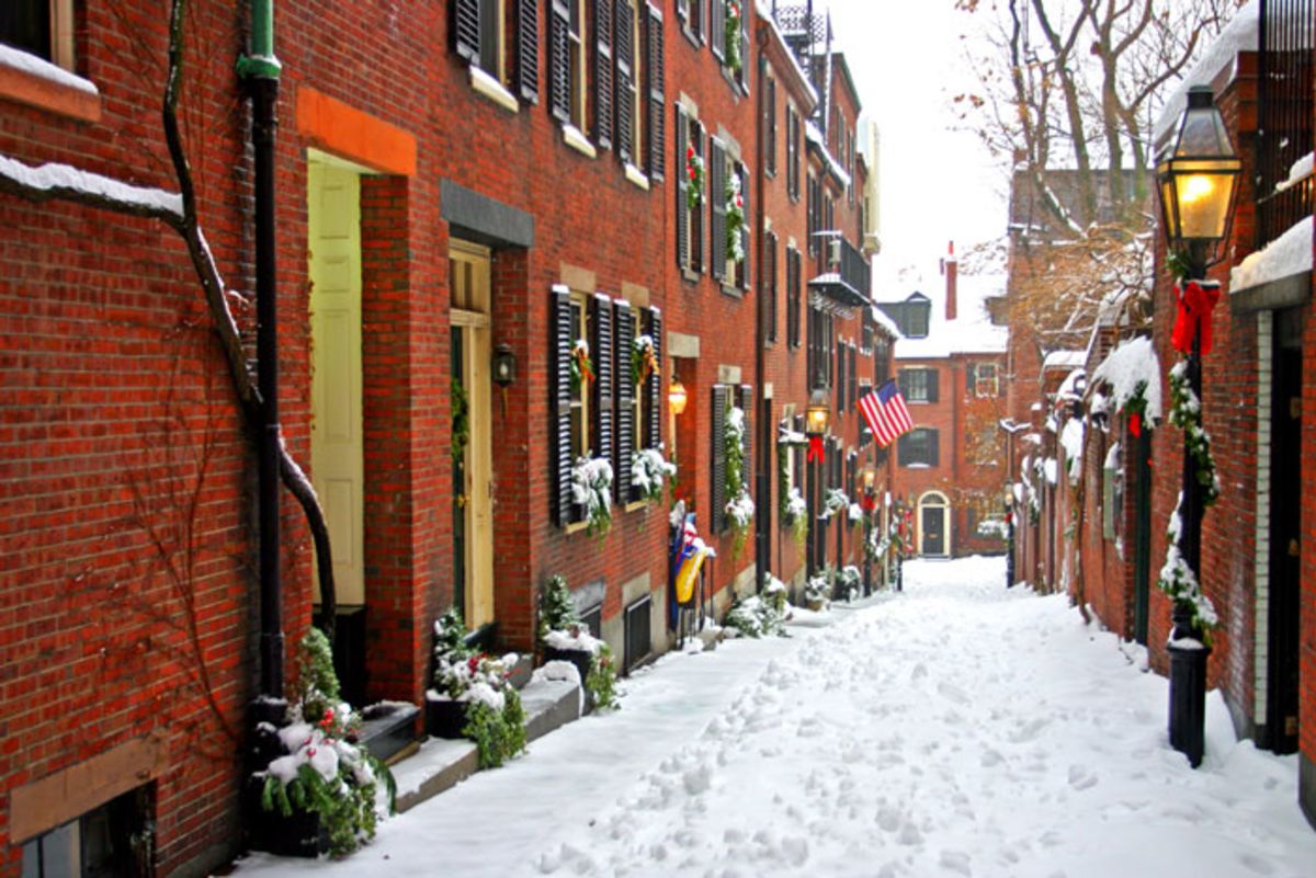 Snow covered quaint street in Beacon Hill, Boston.