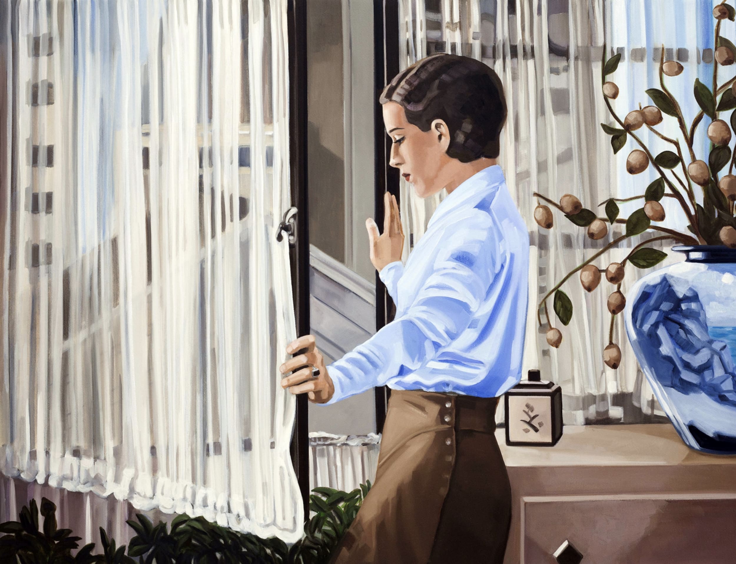 woman looking out window art