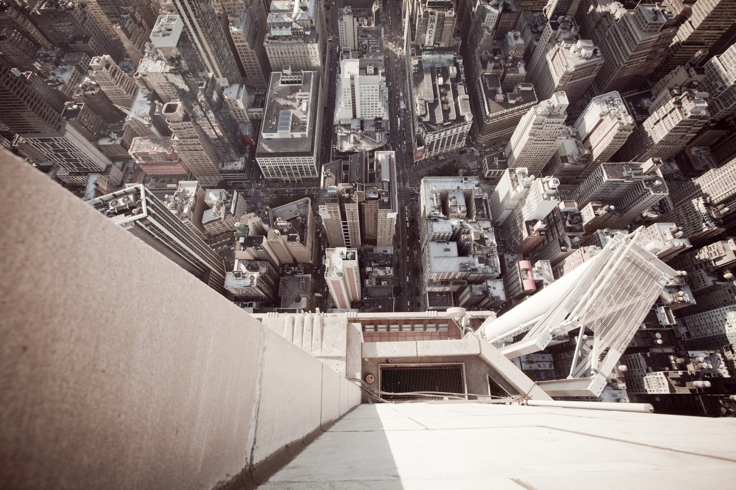 birds eye view of NYC from roof of skyscraper 