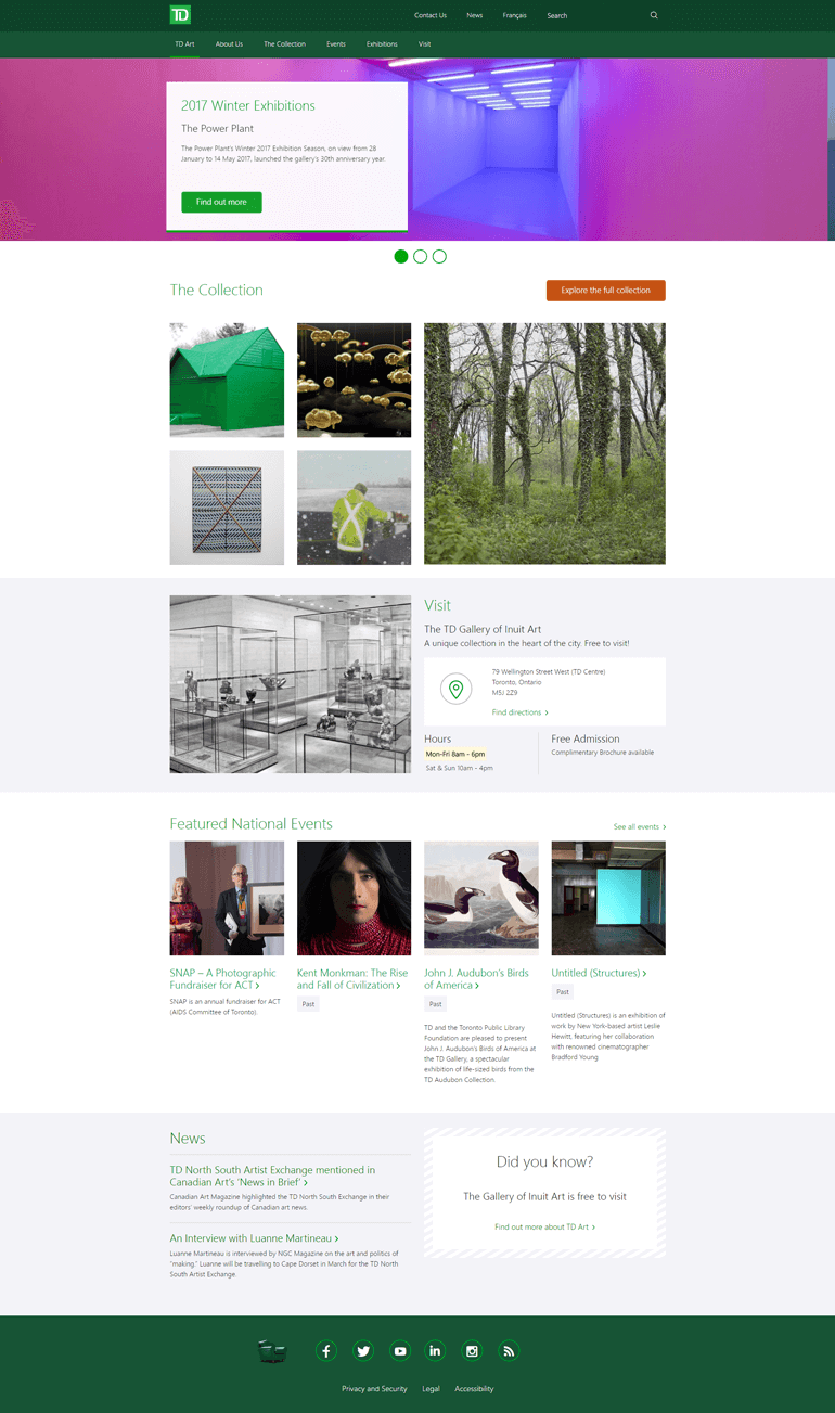 This an image of the art.td.ca website home page layout.