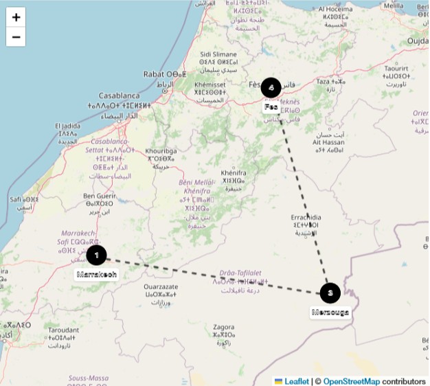 Map showing the route from Marrakech to Merzouga and Fes for a 4-day tour