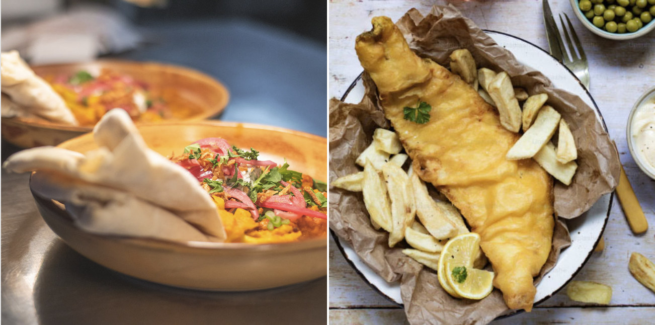 photos of dhal and fish and chips