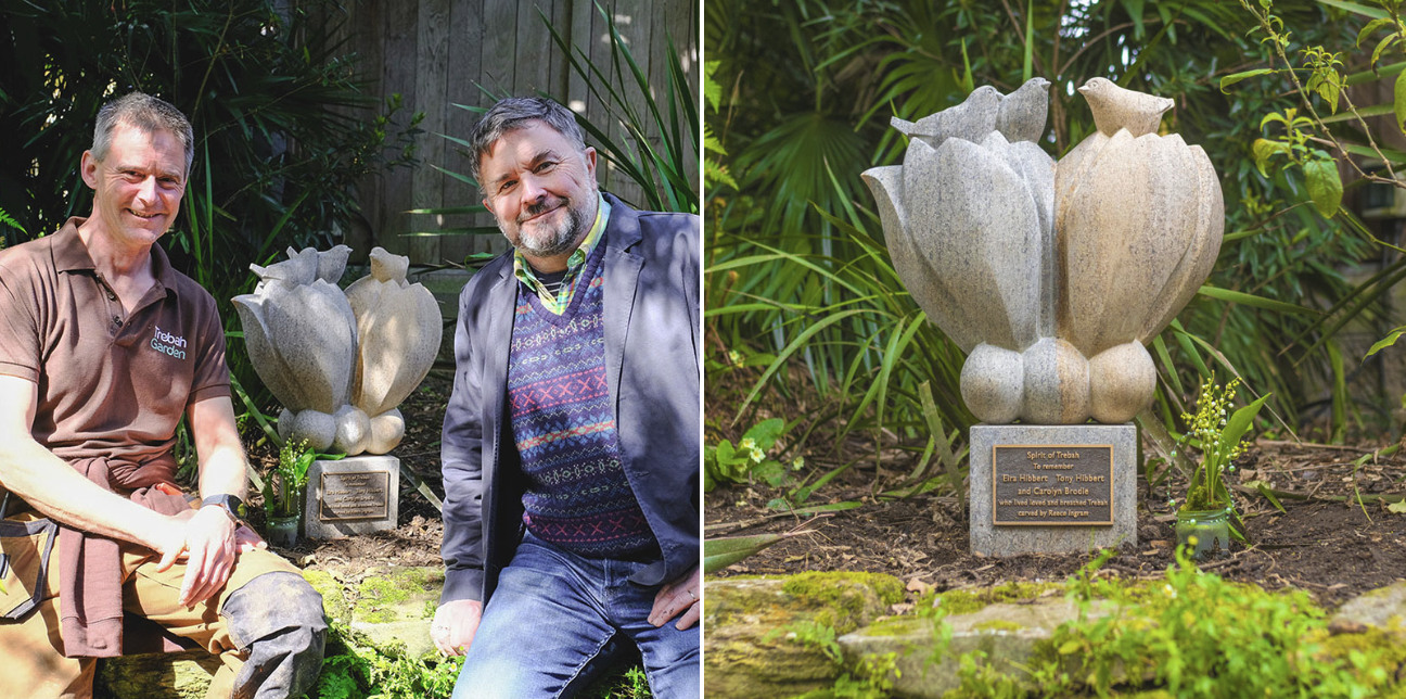 Reece Ingram and darren dickey next to trebah sculpture