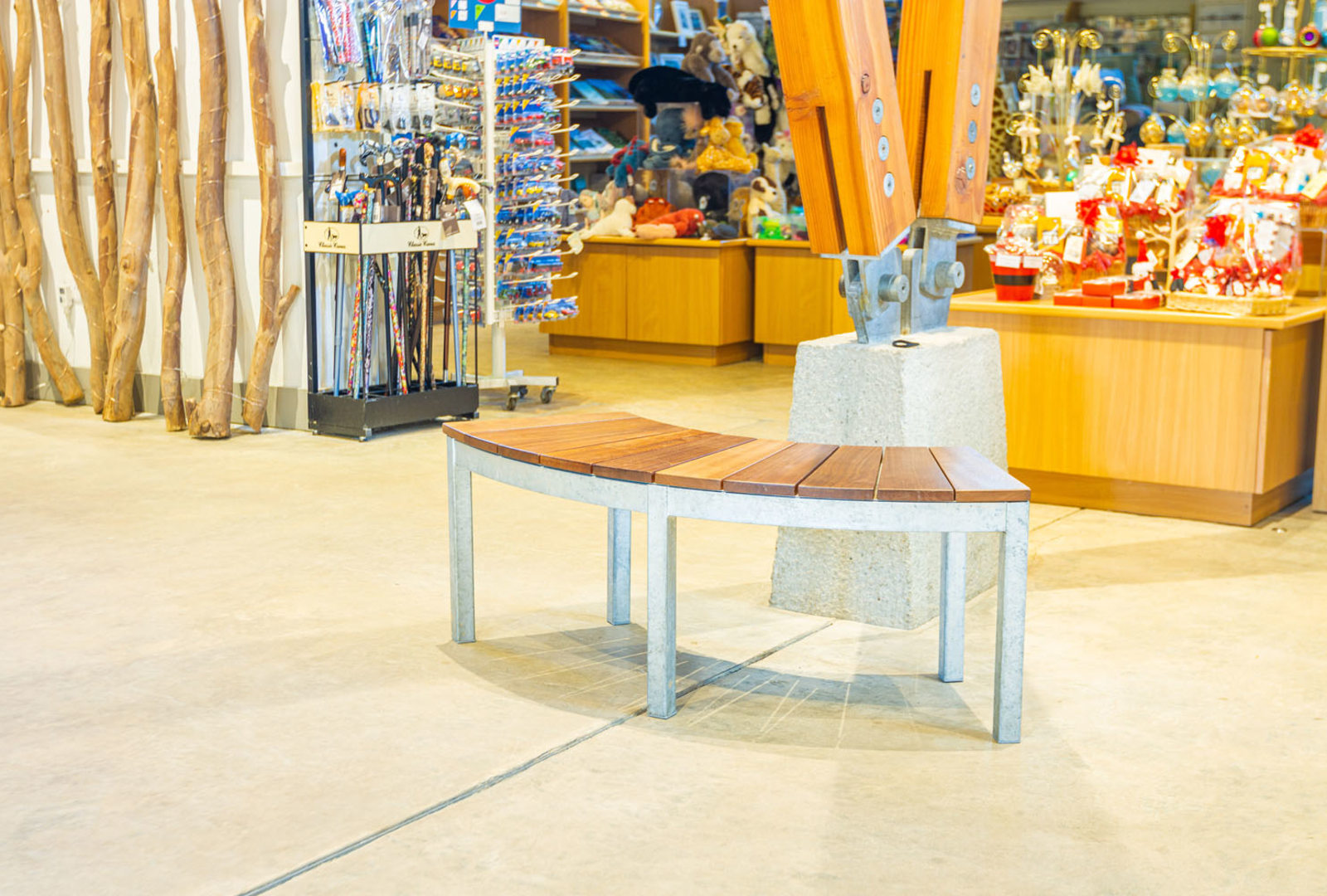 Benches in the visitor centre at trebah