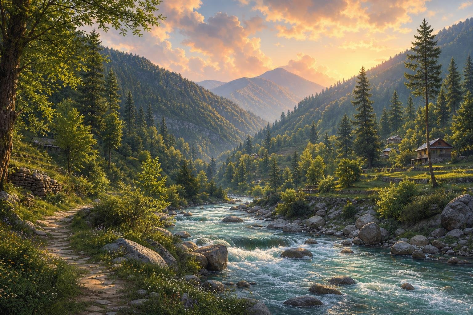 Tirthan Valley — illustrated landscape