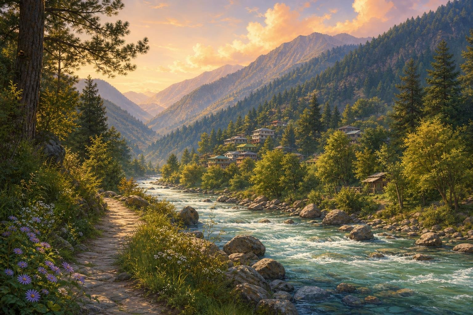 Tirthan Valley, Banjar, Kullu district, Himachal Pradesh — illustrated landscape