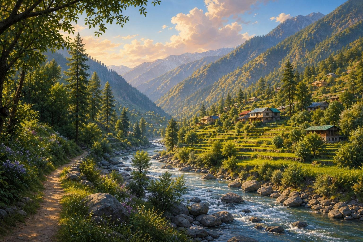 Tirthan Valley, Kullu district, Himachal Pradesh, Western Himalaya — illustrated landscape